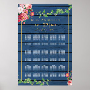 Blue Wood  Rozen Gold Wedding Seating Chart Poster