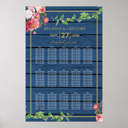 Blue Wood  Rozen Gold Wedding Seating Chart Poster (Voorkant)