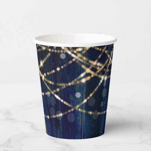 Blue Wood Rustic Sparkle Lights Wedding Papieren Bekers (Links)