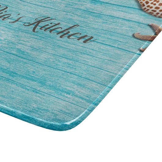 Blue Wood Seashells Custom Wording Snijplank (Hoek)