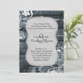 Blue Wood Shabby Lace Wedding Invitation Kaart (Staand voorkant)
