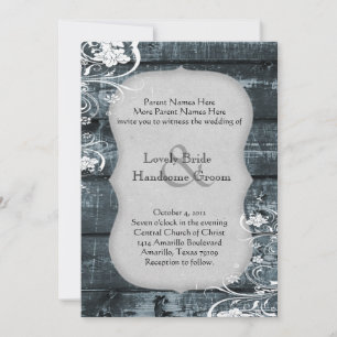 Blue Wood Shabby Lace Wedding Invitation Kaart