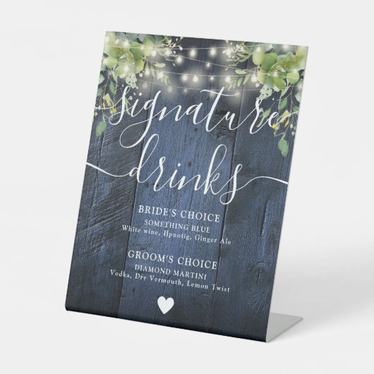 Blue Wood String Light Greenery Signature Drinken Reclamebord Met Voetstuk (Voorkant)