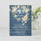 Blue Wood String Lights Floral 50th Jubileum Kaart (Staand voorkant)