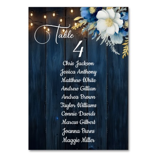 Blue Wood String Lights Gastnamen Tafelnummer (Voorkant)