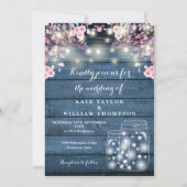 Blue Wood String Lights Mason Jars Floral Wedding Kaart (Voorkant)