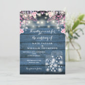Blue Wood String Lights Mason Jars Floral Wedding Kaart (Staand voorkant)