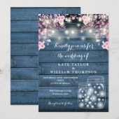 Blue Wood String Lights Mason Jars Floral Wedding Kaart (Voorkant / Achterkant)
