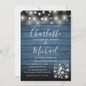 Blue Wood String Lights Mason Jars Weddenfoto Kaart (Voorkant)