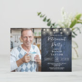 Blue Wood String Lights Pensioen Party Foto Kaart (Staand voorkant)