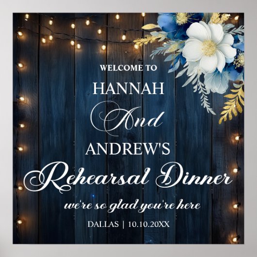 Blue Wood String Lights Repetitie Diner Welkom Poster (Voorkant)