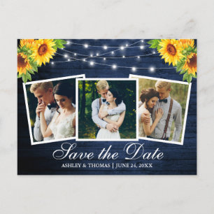 Blue Wood Sunflower Floral 3 Foto Save the Date Uitnodiging Briefkaart