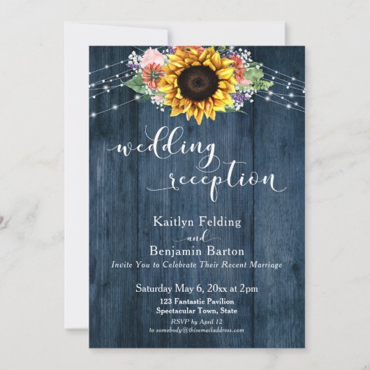 Blue Wood Sunflower Lights Weddenschap Receptie Kaart (Voorkant)
