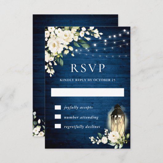 Blue Wood White Roses Rustic Light RSVP Card (Voorkant / Achterkant)