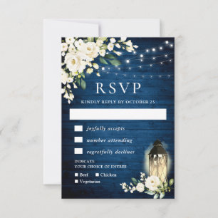 Blue Wood White Roses Rustic Light RSVP Card Kaartje