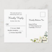 Blue Wood White Roses Rustic Wedding RSVP Briefkaart (Achterkant)