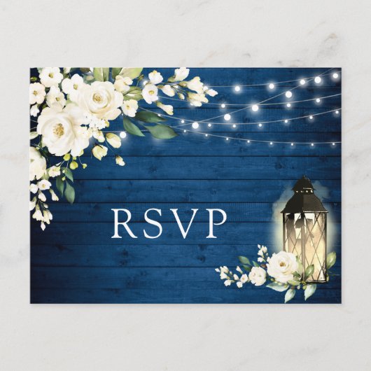 Blue Wood White Roses Rustic Wedding RSVP Briefkaart (Voorkant)