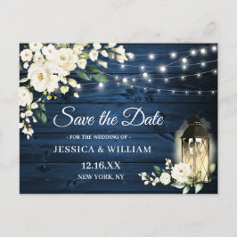 Blue Wood White Roses Rustic Wedding Save the Date Briefkaart