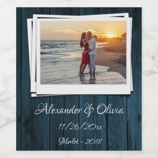 Blue Wooden Photo Wedine Label Wijn Etiket (Enkel label)