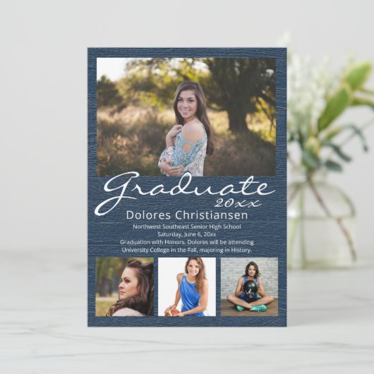 Blue Woodgrain Modern 4 Foto Afstuderen Kaart (Staand voorkant)
