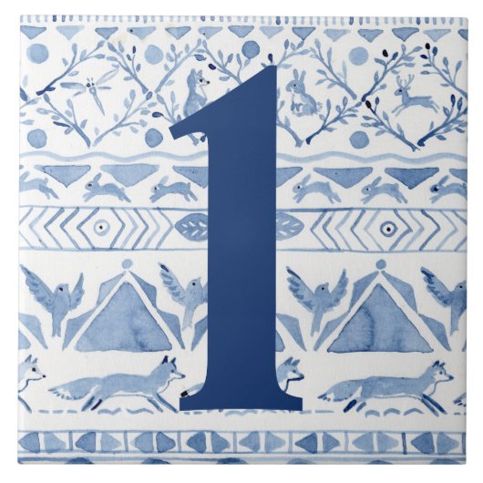 Blue Woodland Animal Ikat House Adres nummer 1 Tegeltje (Voorkant)
