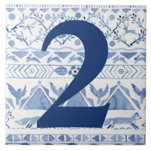Blue Woodland Animal Ikat House Adres nummer 2 Tegeltje