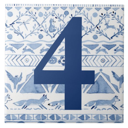 Blue Woodland Animal Ikat House Adres nummer 4 Tegeltje (Voorkant)