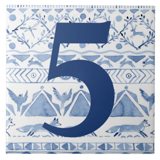 Blue Woodland Animal Ikat House Adres nummer 5 Tegeltje (Voorkant)