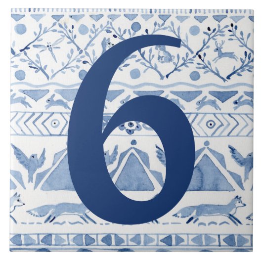 Blue Woodland Animal Ikat House Adres nummer 6 Tegeltje (Voorkant)