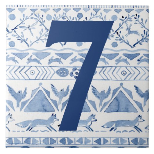 Blue Woodland Animal Ikat House Adres nummer 7 Tegeltje (Voorkant)