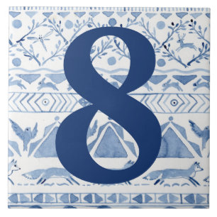 Blue Woodland Animal Ikat House Adres nummer 8 Tegeltje