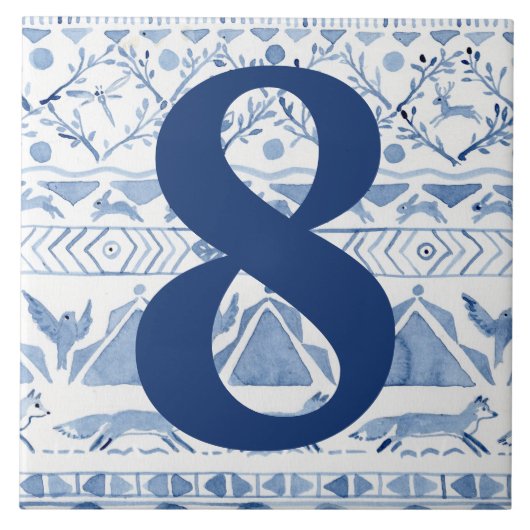 Blue Woodland Animal Ikat House Adres nummer 8 Tegeltje (Voorkant)
