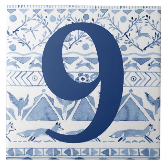 Blue Woodland Animal Ikat House Adres nummer 9 Tegeltje (Voorkant)