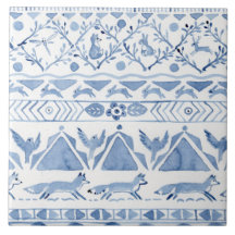 Blue Woodland Animal Ikat Pattern Fox Rabbit Bird
