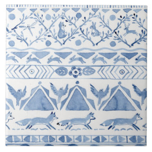 Blue Woodland Animal Ikat Pattern Fox Rabbit Bird Tegeltje