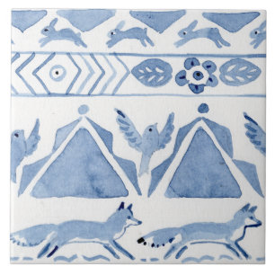 Blue Woodland Animal Ikat Pattern Fox versie 2 Tegeltje