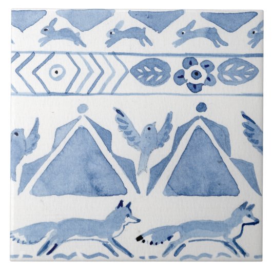 Blue Woodland Animal Ikat Pattern Fox versie 2 Tegeltje (Voorkant)
