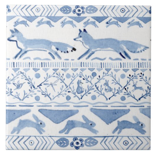 Blue Woodland Animal Ikat Pattern Fox versie 3 Tegeltje (Voorkant)