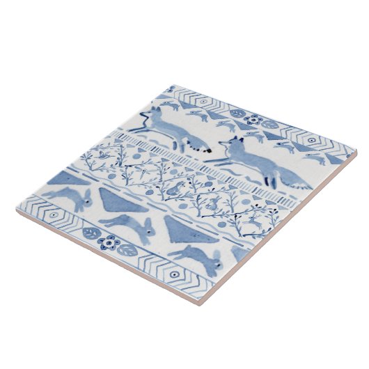 Blue Woodland Animal Ikat Pattern Fox versie 3 Tegeltje (Zijkant)