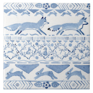 Blue Woodland Animal Ikat Pattern Fox versie 3 Tegeltje