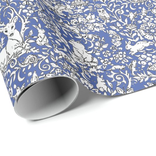 Blue Woodland Animal Pattern Deer Fox Rabbit Owl Cadeaupapier (Rol Hoek)