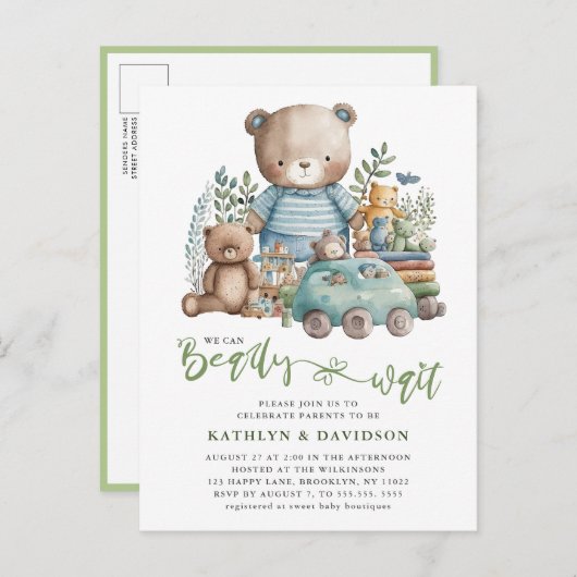 Blue Woodland Animal Toys Schattig Script Baby sho Uitnodiging Briefkaart (Voorkant / Achterkant)