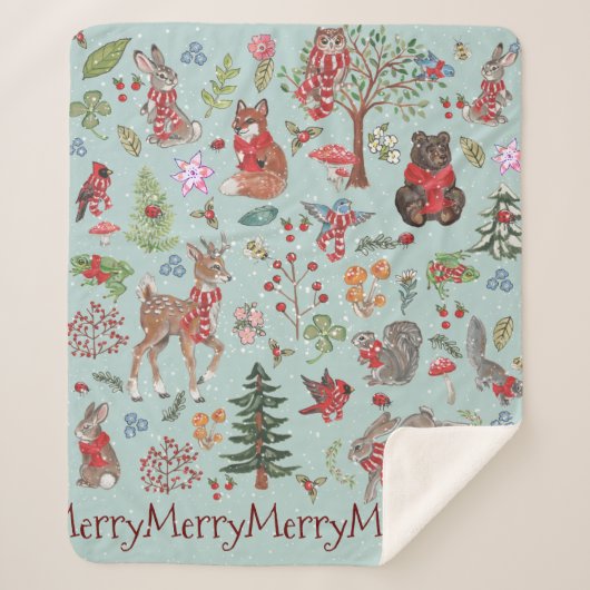 Blue Woodland Animal Winter Sneeuwkerstkind Sherpa Deken (Voorkant)