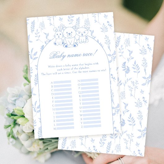 Blue Woodland Baby Jongen Douche Naam Race Game Ka Kaart