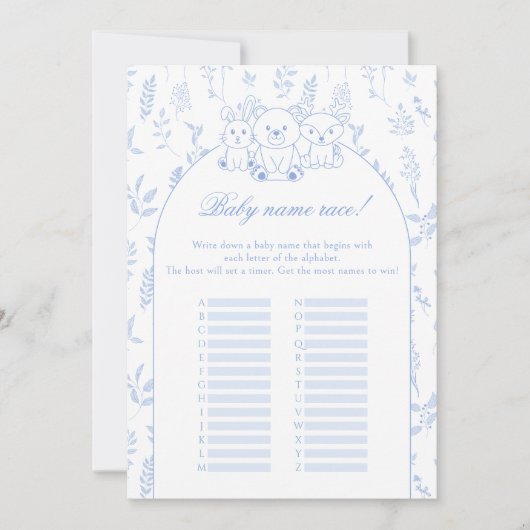 Blue Woodland Baby Jongen Douche Naam Race Game Ka Kaart (Voorkant)