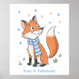 Blue Woodland Cheeky Fox Speelse Doodle Dier Poster