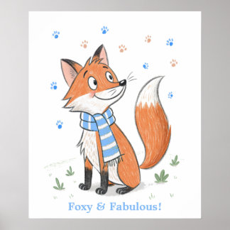 Blue Woodland Cheeky Fox Speelse Doodle Dier Poster