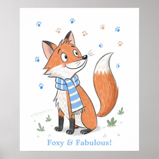 Blue Woodland Cheeky Fox Speelse Doodle Dier Poster (Voorkant)