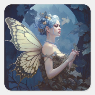 Blue Woodland Fairy Fantasy Art Vierkante Sticker