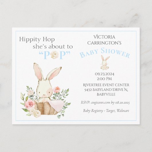 Blue Woodland Forest Bunny Floral Baby Invitation Briefkaart (Voorkant)